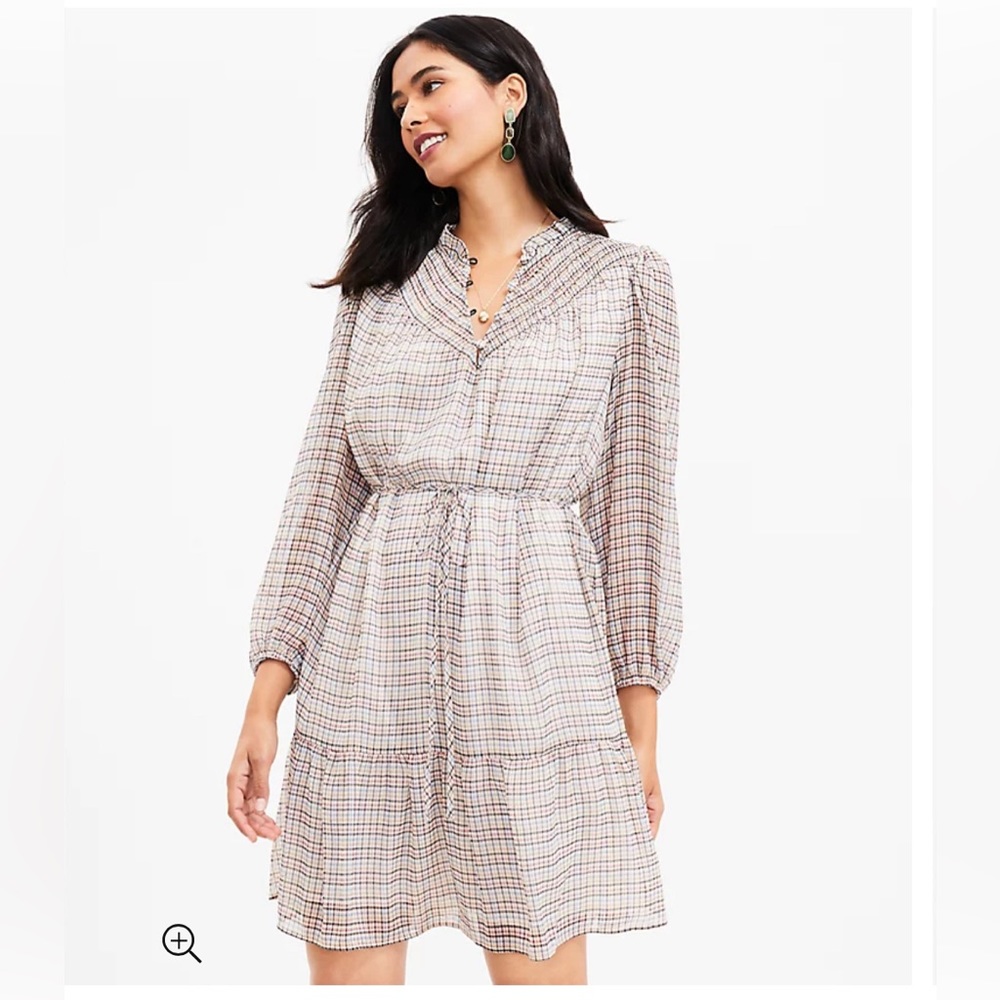 NWT LOFT Plaid Smocked Ruffle Neck Swing Dress